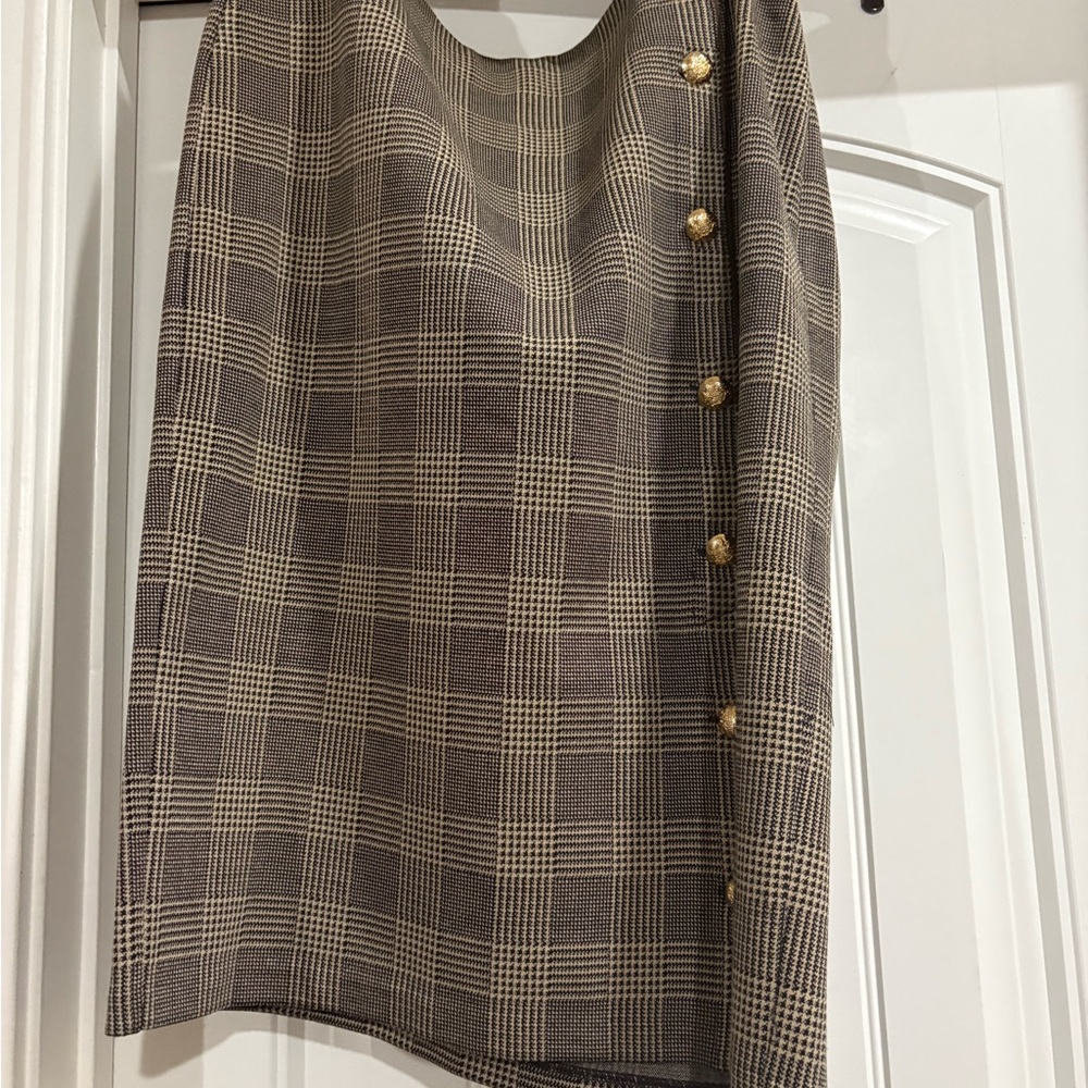 Ralph Lauren Brown Plaid A-Line Skirt with Gold Buttons